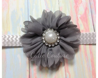 Luciana- Gray Headband with pearl, Gray and Pink Headband, Gray Flower Girl Headband, gray chevron headband, gray infant headband, Luciana