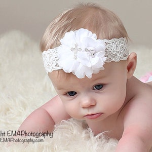 White Baptism Headband, White Headband, Baptism Headband, White Christening Headband, White First Communion Headband, Cross headband image 1