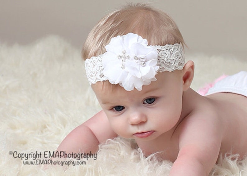 White Baptism Headband, White Headband, Baptism Headband, White Christening Headband, White First Communion Headband, Cross headband image 1