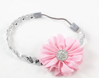 Pink Headband, Silver Headband, Pink and Silver headband, Pink flower headband, silver sequin headband, pink baby headband, sequin headband