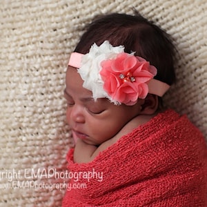ivory and coral headband, Ivory headband, Coral Headband, Coral Flower Girl headband, coral Birthday Headband, Coral Newborn Headband