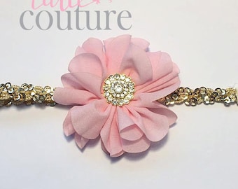 Pink and Gold Headband, pink Headband, pink birthday Headband, pink flower Headband, baby Headband, Sequin Headband, flower girl Headband