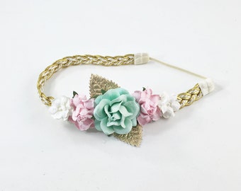 Mint Headband, Pink Headband, Pink and Gold Headband, flower crown Headband, Pink Headband, flower girl Headband, Mint and Pink Headband