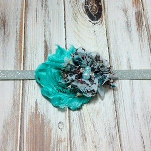 Teal Headband, floral headband, Aqua Headband, Teal Flower Girl Headband, teal birthday headband, green headband, green flower, teal clip image 5