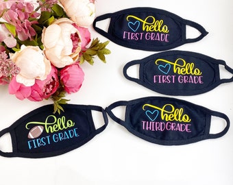 School mask, mask for kids, mask for school, personalized school mask, hello first grade, hello second grade,hello kindergarten,school masks