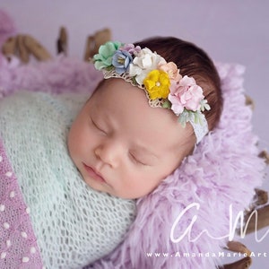 Rainbow headband, pastel rainbow headband, newborn rainbow headband, rainbow flower headband, rainbow floral crown