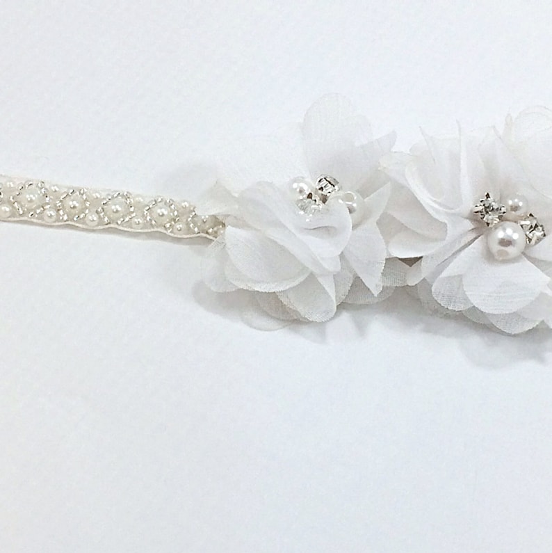 White Headband White Flower Girl Headband Pearl Headband White Baptism Headband Christening Headband Baptism Headband Beaded Headband