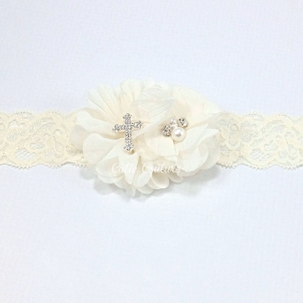 Ivory Baptism Headband, Ivory Headband, Baptism Headband, Ivory Christening Headband, Communion Headband, Cream Headband, Cross Headband