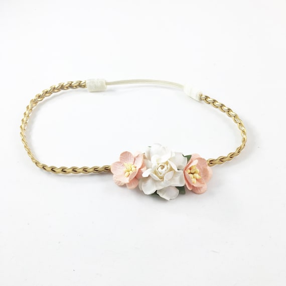 peach and cream headband, Gold Braided Headband, Peach Headband, peach flower Headband, peach flower girl Headband, newborn photo prop