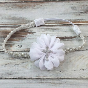 White Baptism Headband, White Christening Headband, Cross Headband, Pearl and Beaded Headband, baptism headband, white communion headband