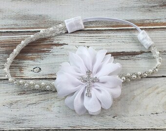 White Baptism Headband, White Christening Headband, Cross Headband, Pearl and Beaded Headband, baptism headband, white communion headband