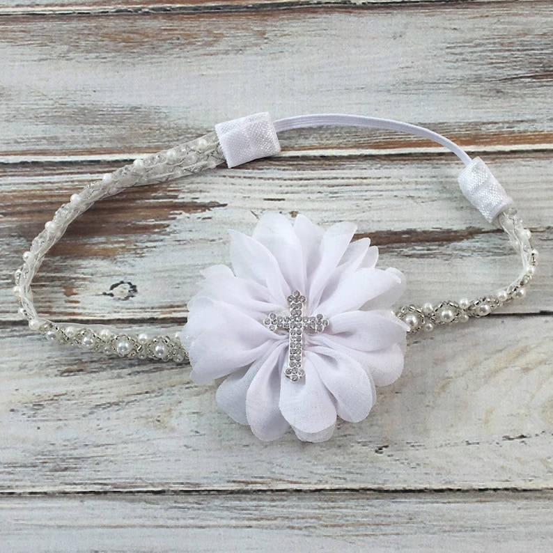 White Baptism Headband White Christening Headband Cross Etsy