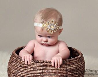 Gold rhinestone headband, Gold Baptism Headband, Christening Headband, Gold Flower Girl Headband, Rhinestone and Beaded Headband