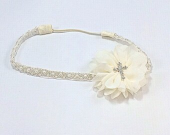 Ivory Baptism Headband, Cream Baptism Headband, Christening Headband, Cross Headband, Pearl and Beaded Headband, ivory communion  headband