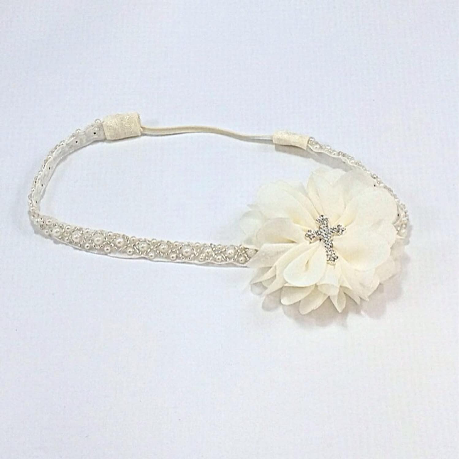 Ivory Baptism Headband, Ivory Christening Headband, Cross Headband, P…