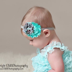 Teal Headband, floral headband, Aqua Headband, Teal Flower Girl Headband, teal birthday headband, green headband, green flower, teal clip image 2