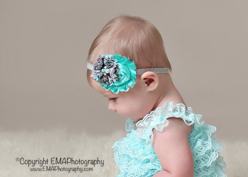 Teal Headband, floral headband, Aqua Headband, Teal Flower Girl Headband, teal birthday headband, green headband, green flower, teal clip image 2