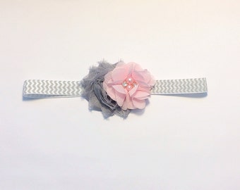 Gray and Pink Headband, Gray Headband, Pink Headband, Grey Headband, Chevron Headband, pink Flower girl Headband, pink Birthday headband