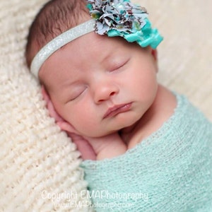 Teal Headband, floral headband, Aqua Headband, Teal Flower Girl Headband, teal birthday headband, green headband, green flower, teal clip image 1