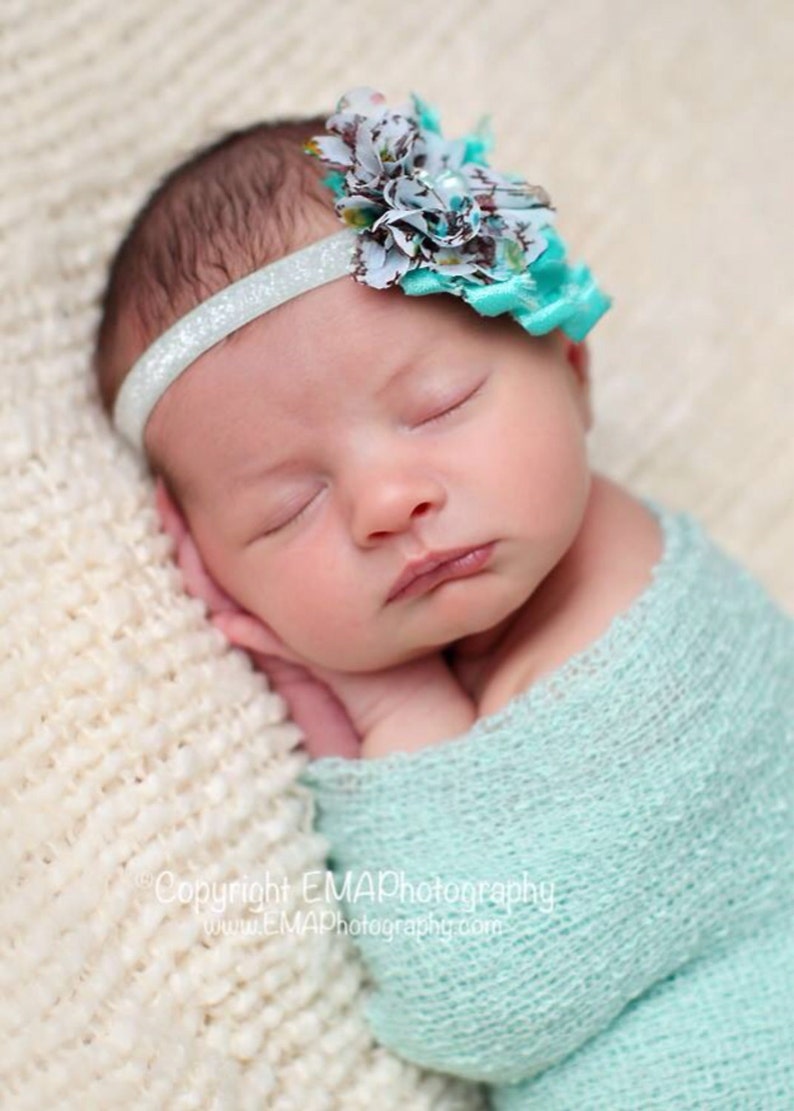 Teal Headband, floral headband, Aqua Headband, Teal Flower Girl Headband, teal birthday headband, green headband, green flower, teal clip image 1