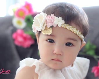 Pink Headband, Gold Headband, Pink and Gold Headband, Gold Braided Headband, Boho Headband,  flower crown Headband, flower girl Headband