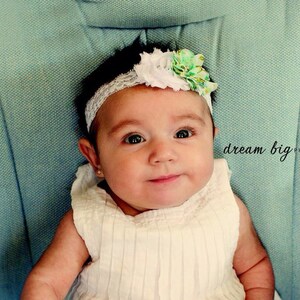 White and teal floral headband, Shabby Headband, Floral Headband, Aqua Headband, Blue Headband,Green Headband, Flower Girl Headband