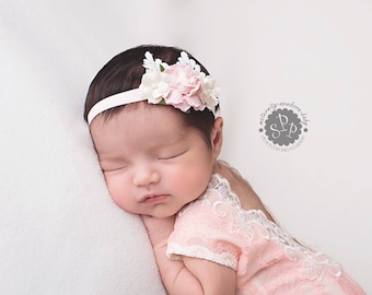 Pink Headband, pink and white lace headband, pink Flower Girl Headband, pink newborn headband, pink newborn photo prop, pink flower headband