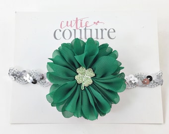 Green Baby Headband, Green Headband, St Patrick's Day Headband, shamrock Headband, flower headband, silver and green headband, green clip