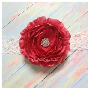 Red Headband, Red Flower Headband, Red Flower Girl Headband, red baby headband, red birthday headband, rhinestone headband, red headband