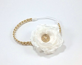 White and Gold Headband, White Headband, Gold Headband, Braided Headband, Gold Braided Headband, White and Gold Flower Girl headband