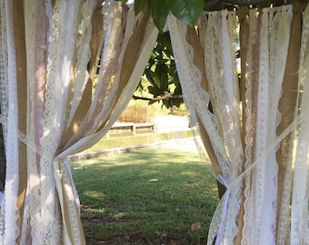 Rustic Burlap & Lace Fabric Ribbon Backdrop Garland - Curtain - Photo Prop - Wedding