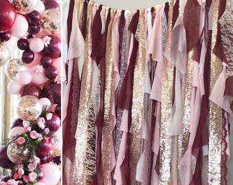 Burgundy, Blush Pink & Rose Gold Sparkle Sequin Fabric Backdrop with Lace - Wedding Garland, Photo Prop, Curtain, Baby Shower