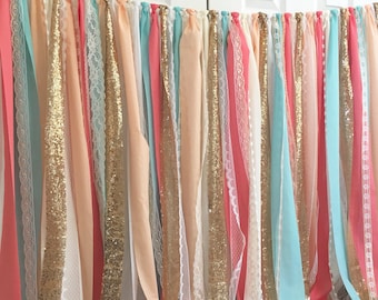 Coral, Peach, Aqua & Gold Sparkle Sequin Fabric Backdrop with Lace - Wedding Garland, Photo Prop, Curtain, Baby Shower, Crib Garland