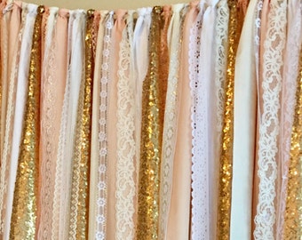 Peach & Gold Sparkle Sequin Fabric Backdrop with Lace - Wedding Garland, Photo Prop, Curtain, Baby Shower, Crib Garland