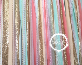 Coral, Peach, Mint, Pink & Gold Sparkle Sequin Fabric Backdrop with Lace - Wedding Garland, Photo Prop, Curtain, Baby Shower, Crib Garland