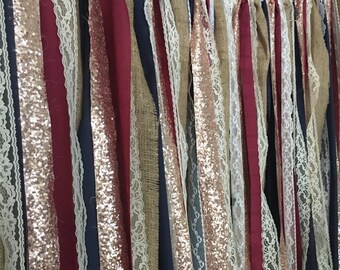 Burlap, Navy, Burgundy & Rose Gold Sequin Garland Backdrop - Rustic Chic Wedding, Photo Prop, Curtain, Baby Shower, Party Deco