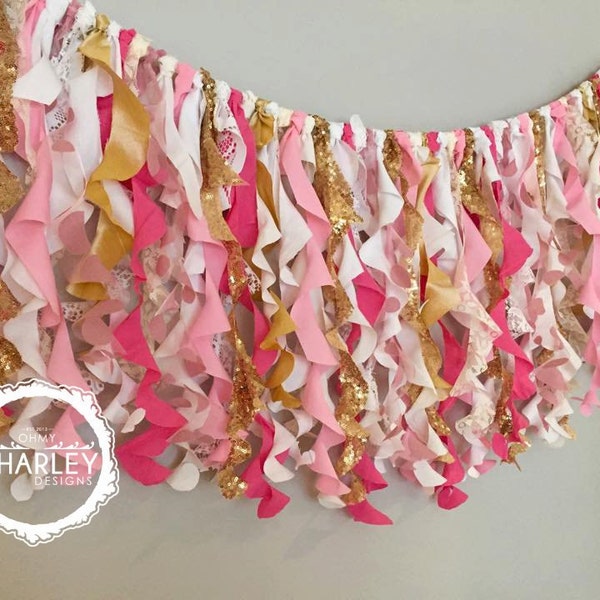 Pink Gold Ivory Curly Fabric Garland  Banner - Curly Willow Curtain Backdrop -  Baby Shower, Nursery, Valance, Wedding