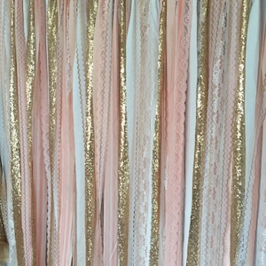 Peach, Pink & Gold Sparkle Sequin Fabric Backdrop with Lace - Wedding Garland, Photo Prop, Curtain, Baby Shower, Crib Garland