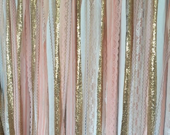 Peach, Pink & Gold Sparkle Sequin Fabric Backdrop with Lace - Wedding Garland, Photo Prop, Curtain, Baby Shower, Crib Garland