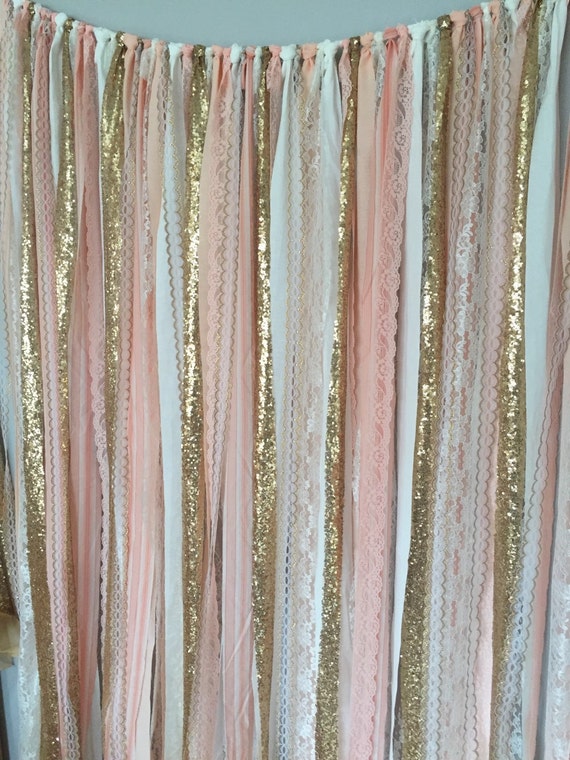 Peach Pink Gold Sparkle Sequin Fabric Backdrop With Lace