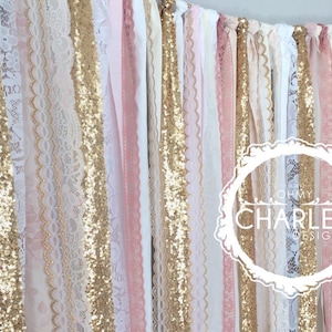 Pink & Gold Sparkle Sequin Fabric Backdrop with Lace - Wedding Garland, Photo Prop, Curtain, Baby Shower, Crib Garland