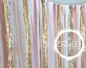 Pink & Gold Sparkle Sequin Fabric Backdrop with Lace - Wedding Garland, Photo Prop, Curtain, Baby Shower, Crib Garland