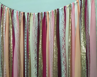 Burgundy, Pink, Peach, Marsala & Gold Sparkle Sequin Fabric Backdrop with Lace - Wedding Garland, Photo Prop, Curtain, Baby Shower