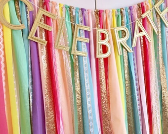 Unicorn Rainbow & Gold Sequin Garland Backdrop - birthday, baby shower, wedding ... Fabric, Sequin and Lace