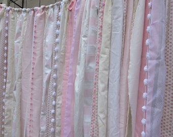 Pink White Ivory Ribbon Backdrop Fabric Garland - Nursery - Curtain - Drapery - Wedding Decor