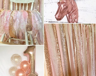 Mixed Metallics: Rose Gold Sequin & Gold Lace Fabric Backdrop - Wedding Garland, Photo Prop, Curtain, first birthday, smash cake