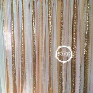 Blush, Nude, Rose Quartz, Peach with Gold Sparkle Sequin Fabric Backdrop Lace Wedding Garland, Photo Prop, Curtain, Baby Shower image 1