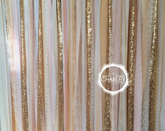 Blush, Nude, Rose Quartz, Peach with Gold Sparkle Sequin Fabric Backdrop -- Lace - Wedding Garland, Photo Prop, Curtain, Baby Shower