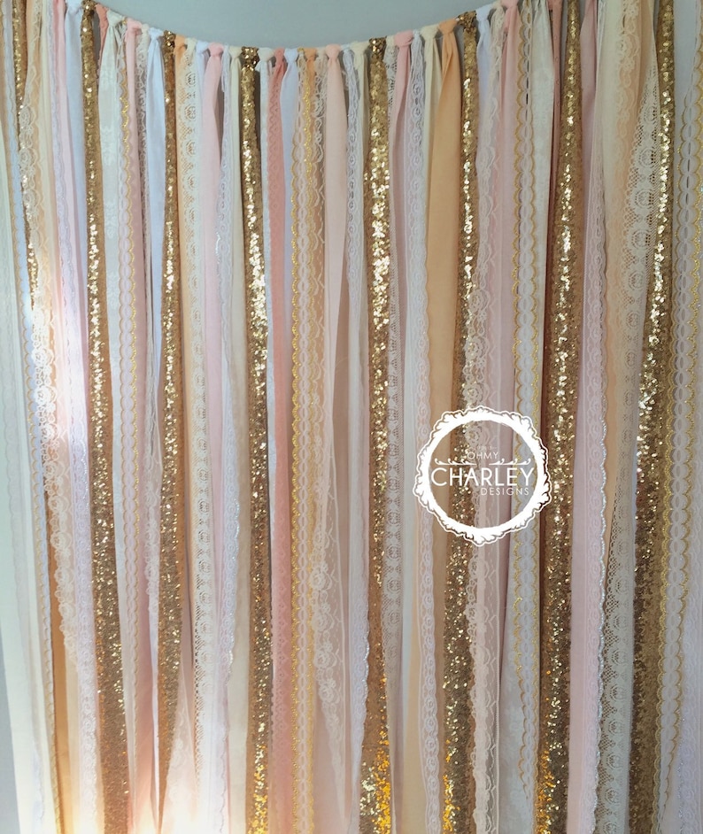 Blush, Nude, Rose Quartz, Peach with Gold Sparkle Sequin Fabric Backdrop Lace Wedding Garland, Photo Prop, Curtain, Baby Shower image 1