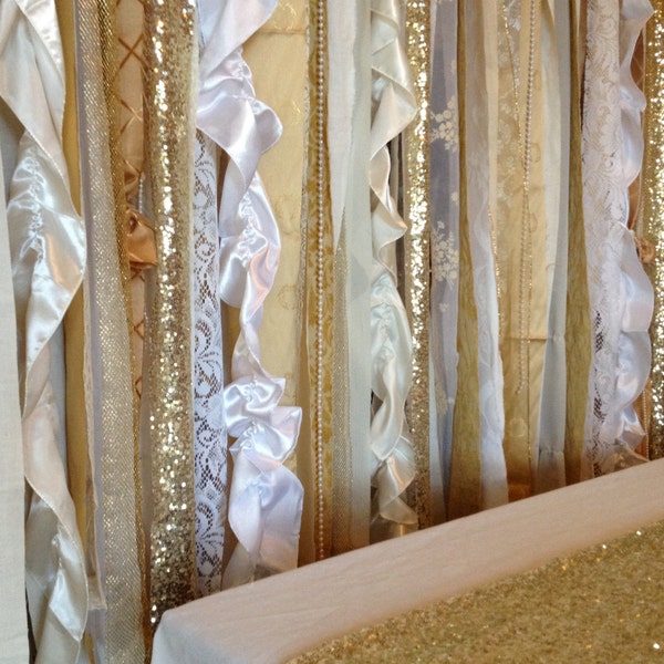 Gold Sequin Wedding Garland Backdrop with Ivory White Fabric  - Curtain Sparkle -  Baby Shower, Nursery - 6ft x 6ft